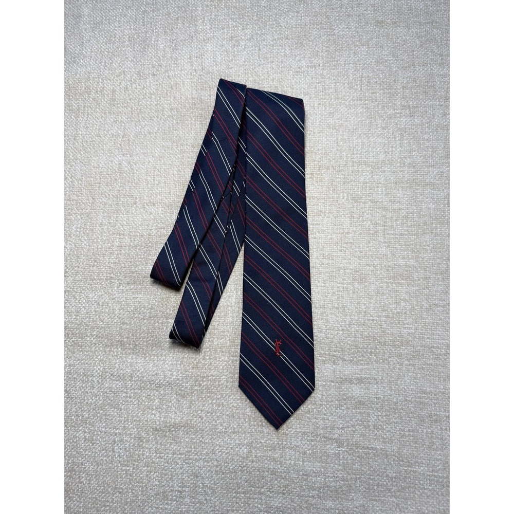 Yves Saint Laurent Vintage Silk Tie Navy Red White Repp Stripe YSL - Picture 7 of 7